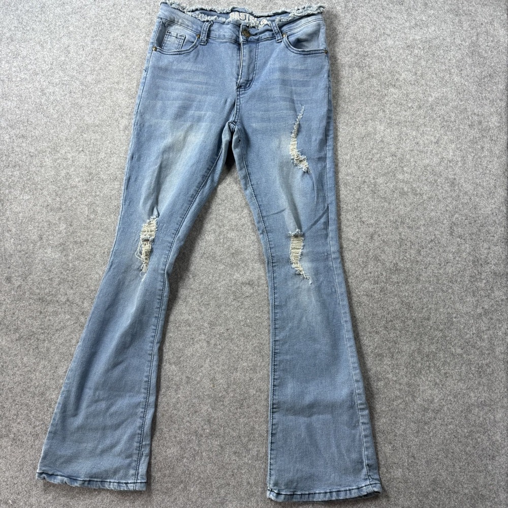 Pastel Jeans Distressed Flare Jeans 9/10 Light Blue Raw Hem Stretch Denim